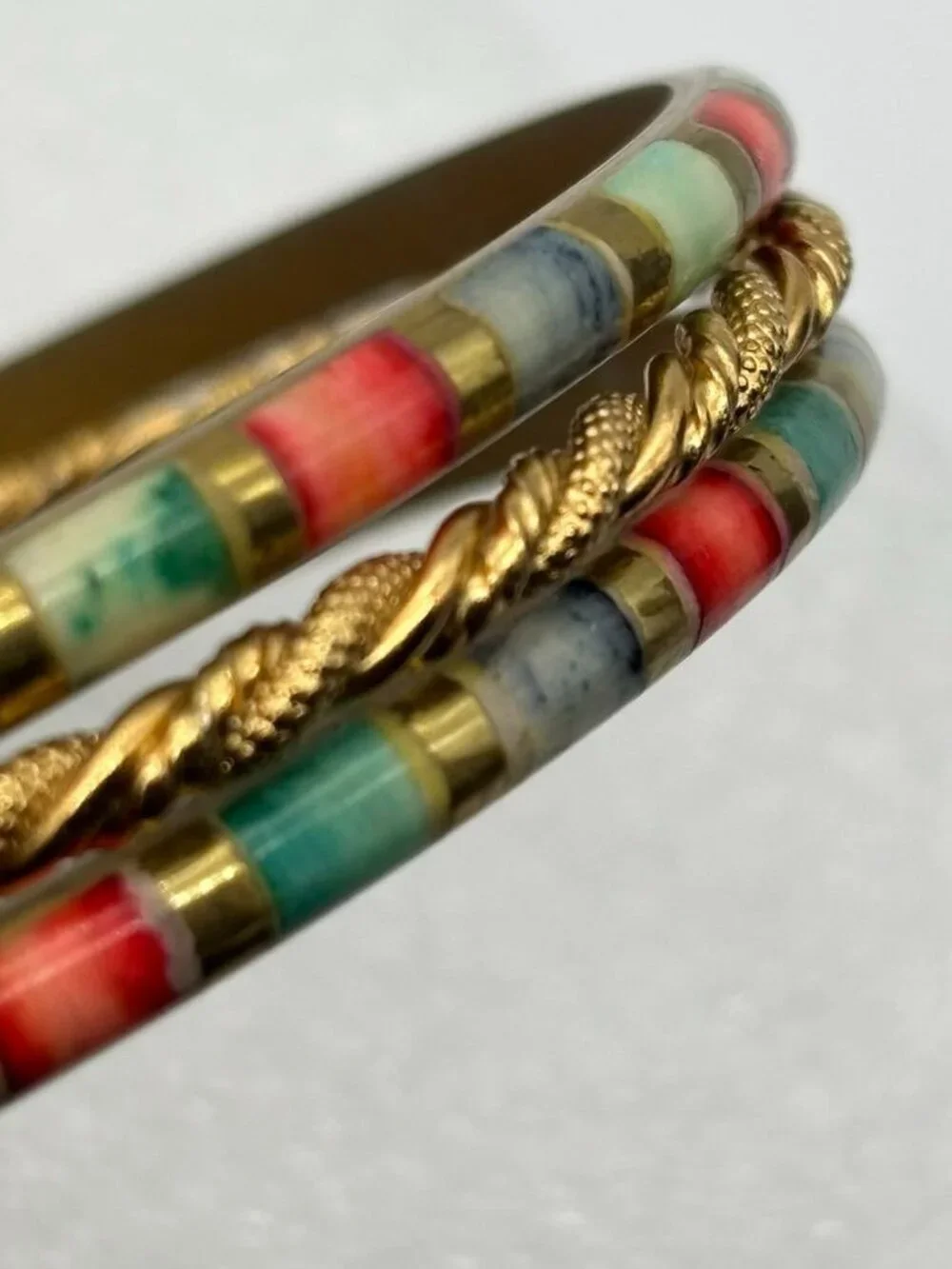 Lot of Three Vintage Bangle Bracelets 2 Brass Multicolor Inlay 1 Gold Tone Metal